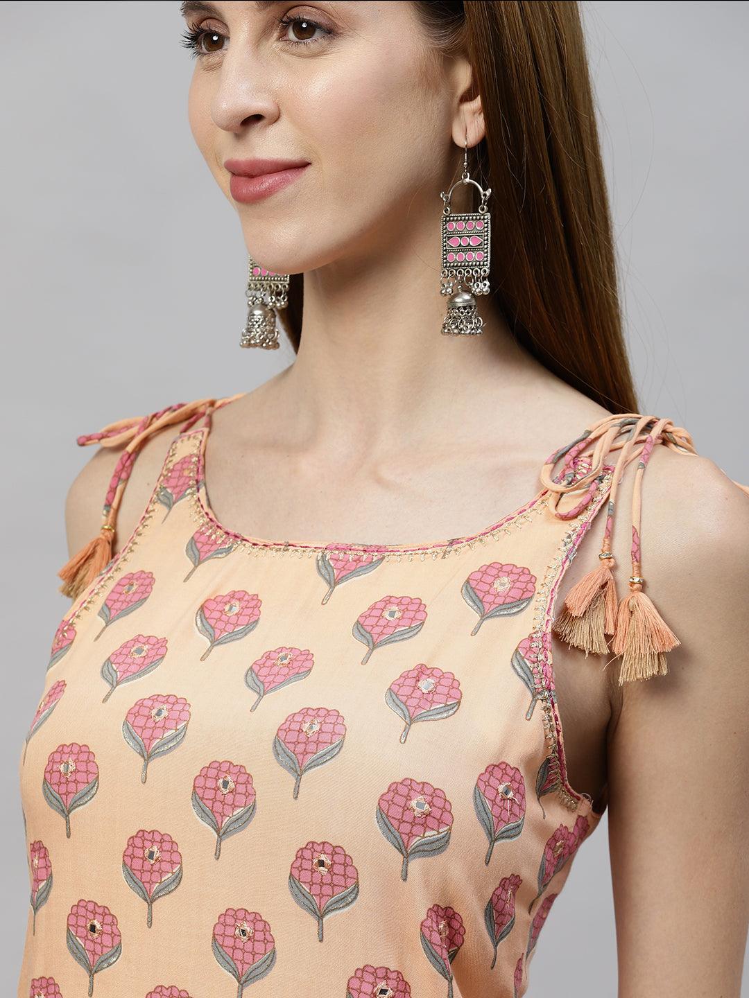 Ethnic Printed & Embroidered Straight Fit Kurta - Peach - Indiakreations