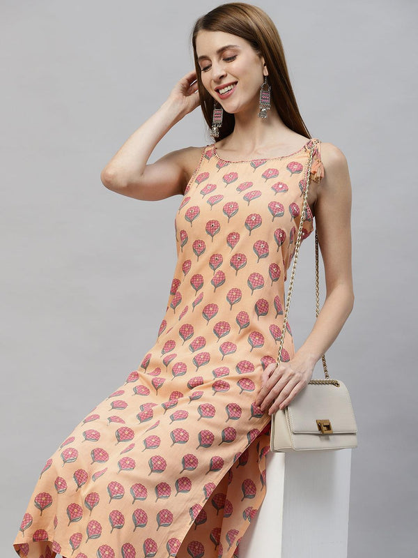 Ethnic Printed & Embroidered Straight Fit Kurta - Peach - Indiakreations