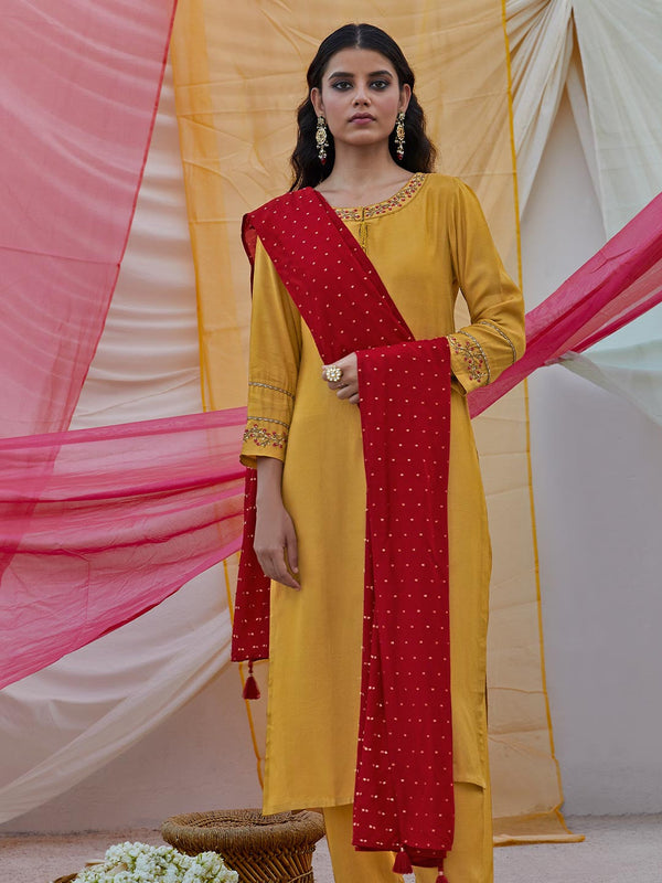 Yellow-Red Embroidered & Handwork Silk Dress