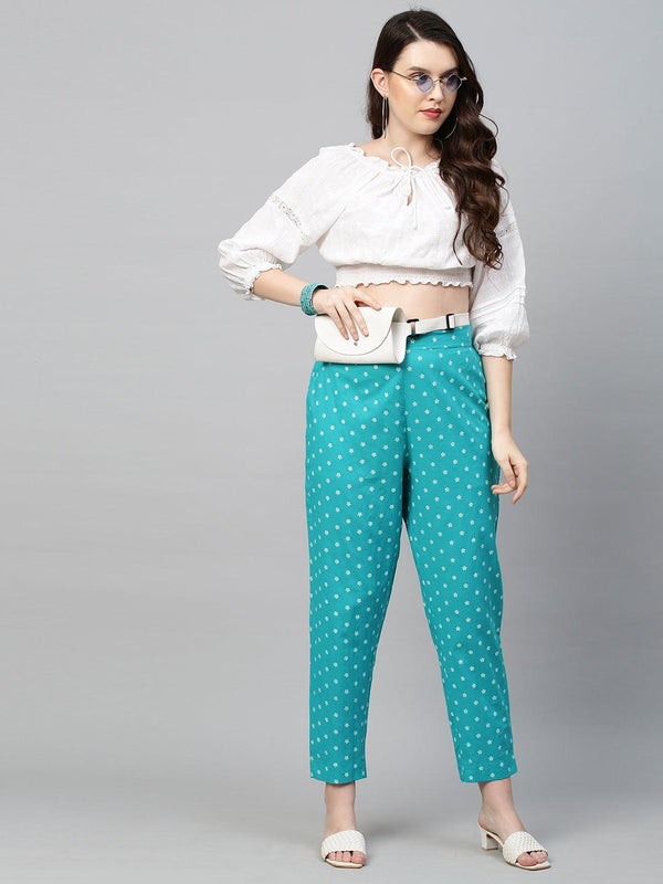 Floral Printed Straight Pant - Turquoise - Indiakreations