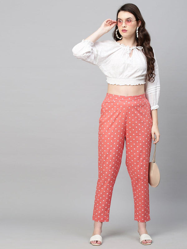 Floral Printed Straight Pant - Coral Pink - Indiakreations