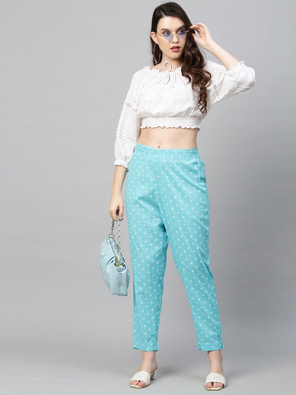 Floral Printed Straight Pant - Aqua Blue - Indiakreations