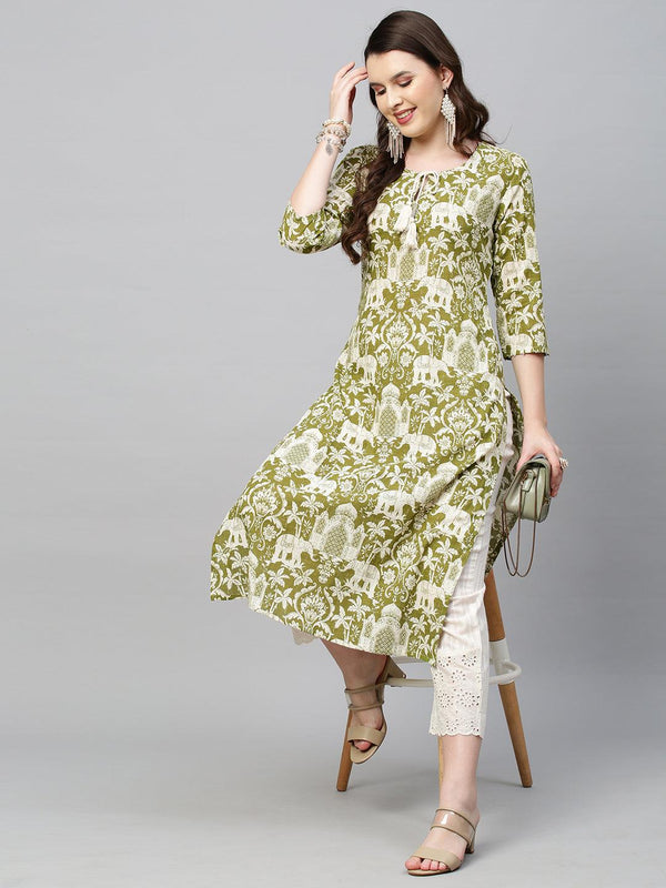 Ethnic Printed & Embroidered Straight Fit Kurta - Light Mehandi Green - Indiakreations