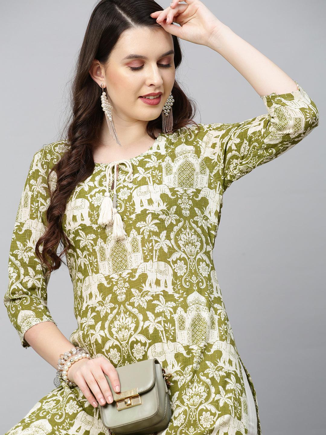 Ethnic Printed & Embroidered Straight Fit Kurta - Light Mehandi Green - Indiakreations