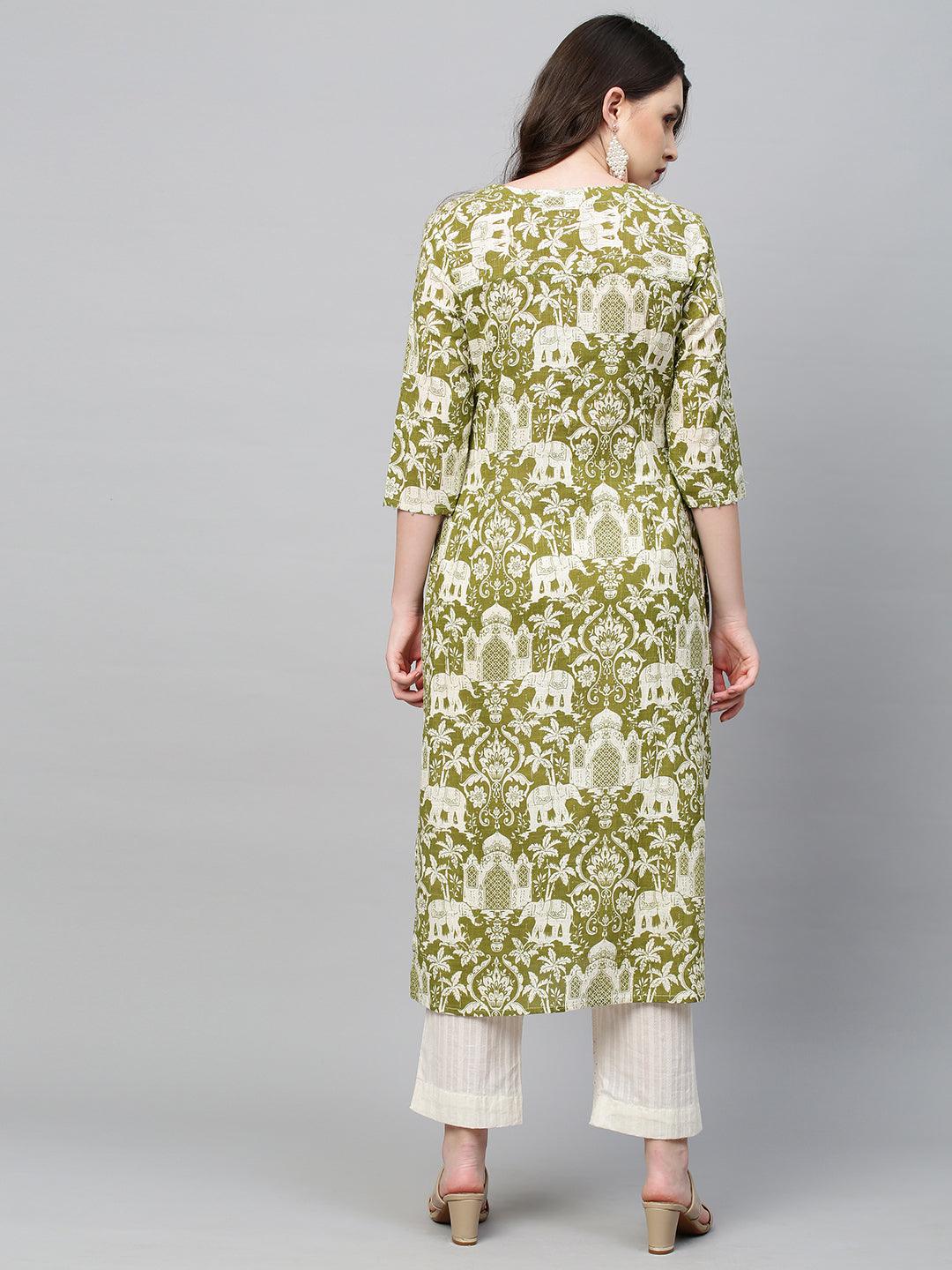 Ethnic Printed & Embroidered Straight Fit Kurta - Light Mehandi Green - Indiakreations