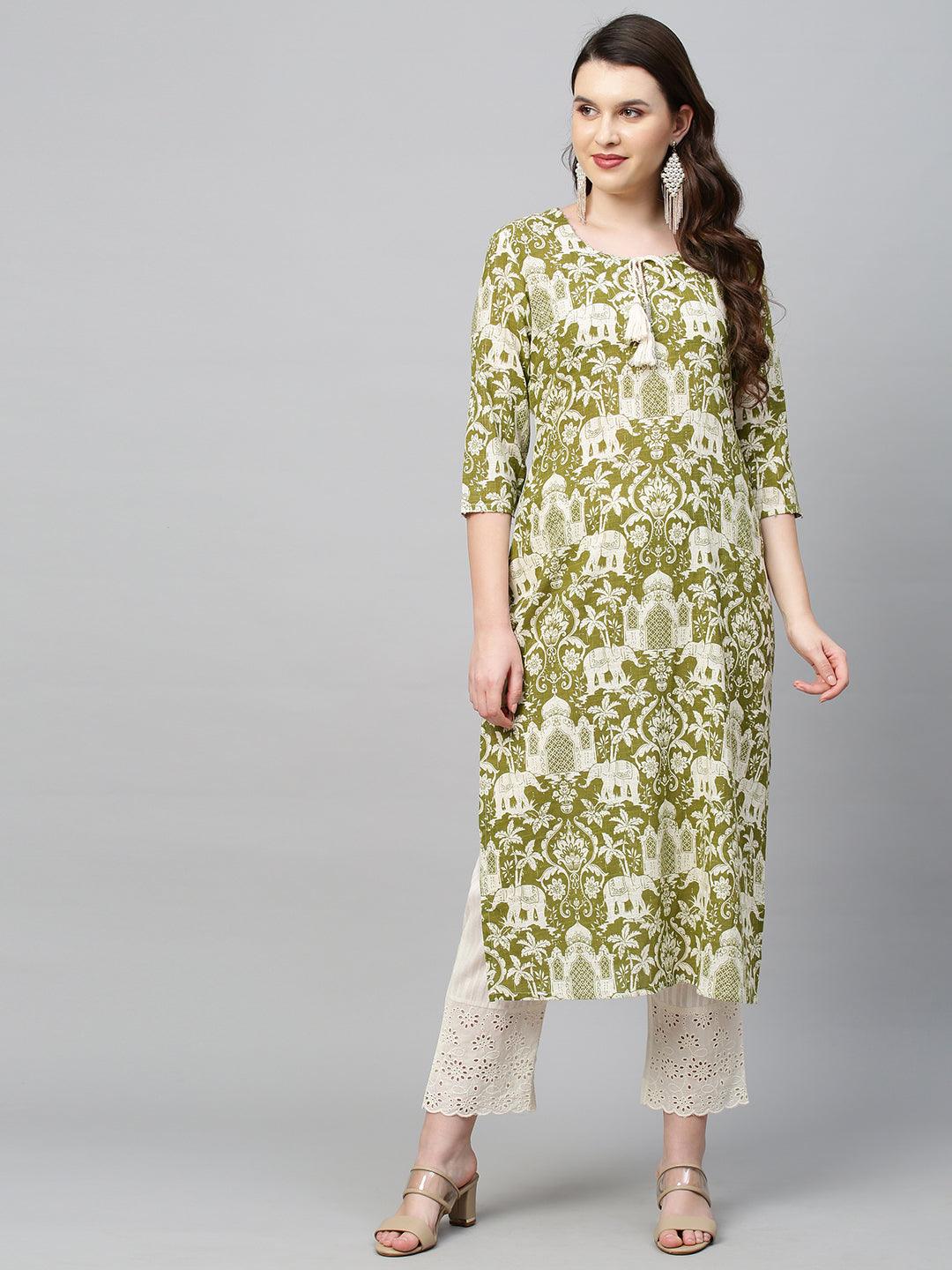 Ethnic Printed & Embroidered Straight Fit Kurta - Light Mehandi Green - Indiakreations