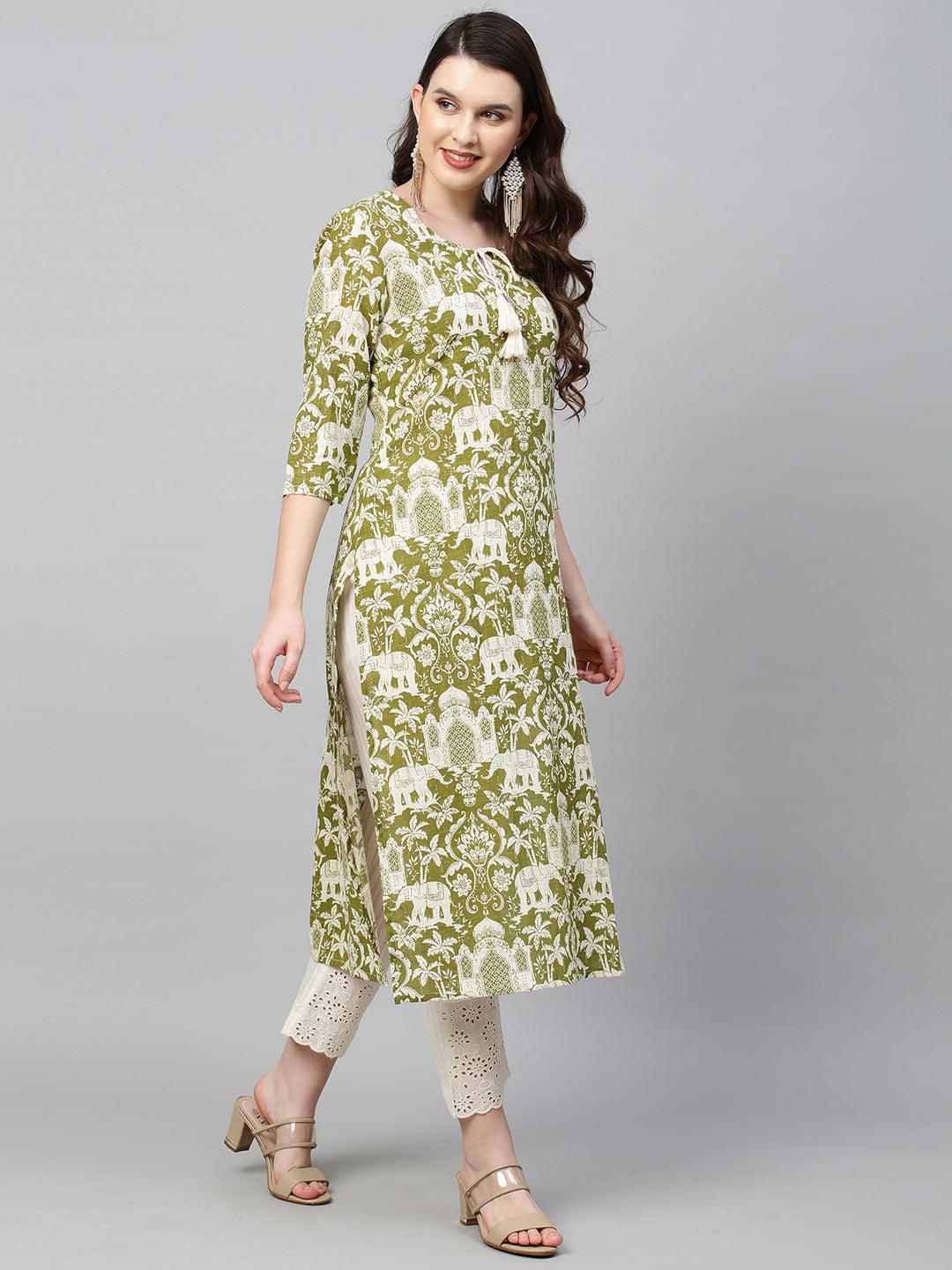 Ethnic Printed & Embroidered Straight Fit Kurta - Light Mehandi Green - Indiakreations