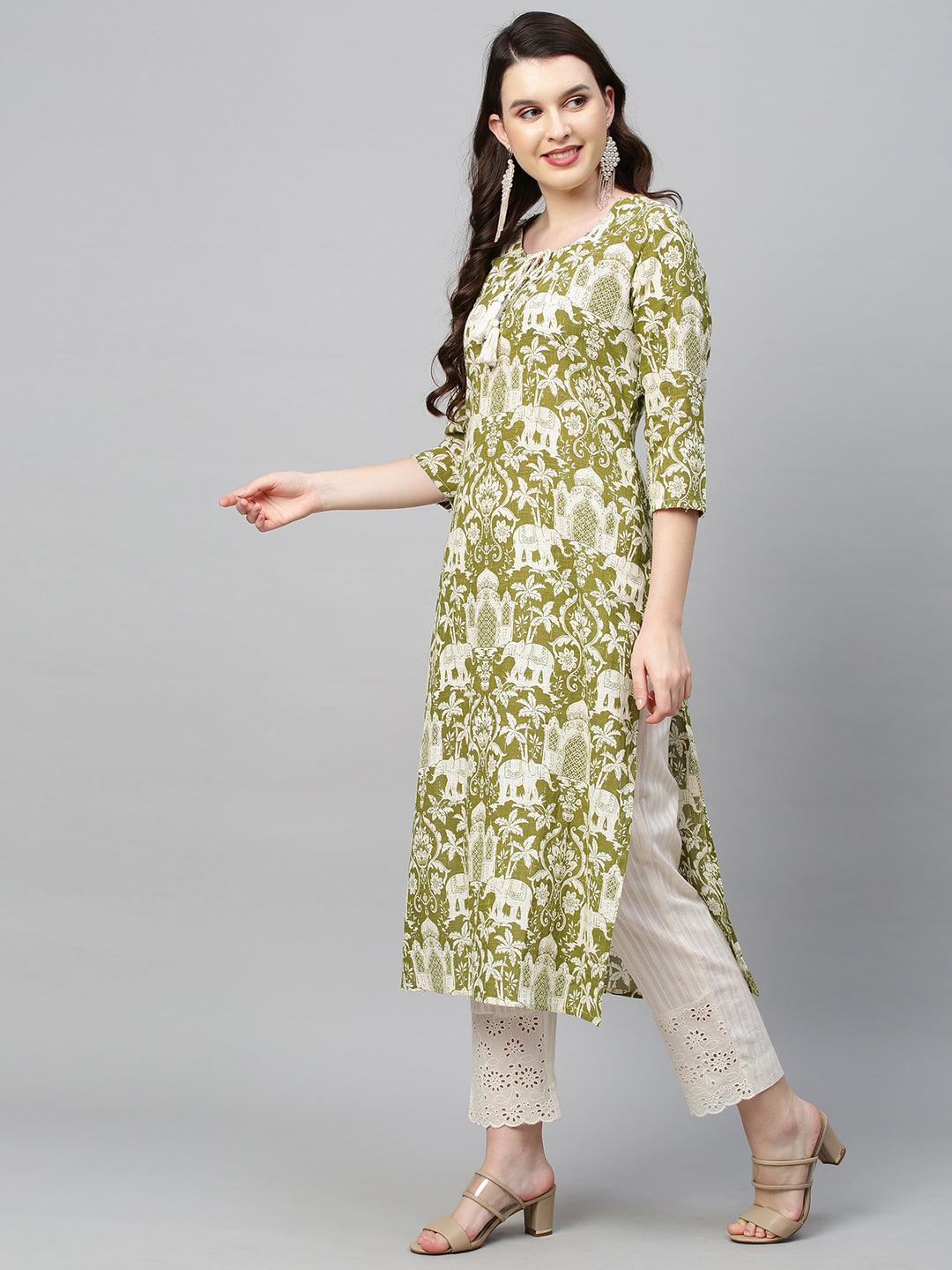 Ethnic Printed & Embroidered Straight Fit Kurta - Light Mehandi Green - Indiakreations