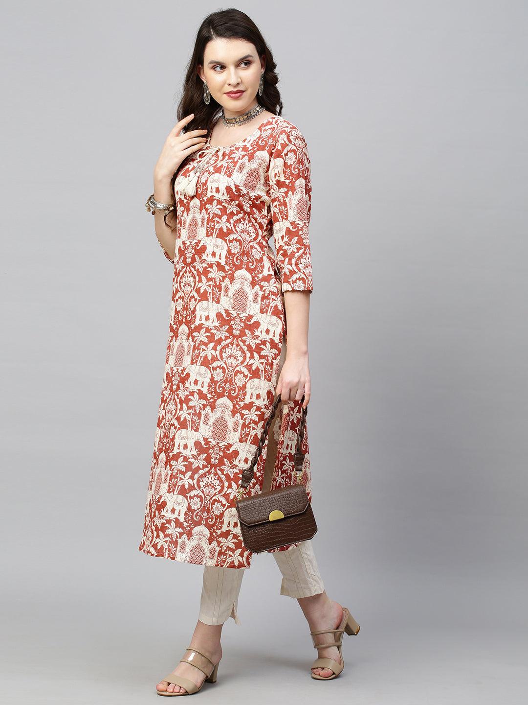 Ethnic Printed & Embroidered Straight Fit Kurta - Brick Red - Indiakreations