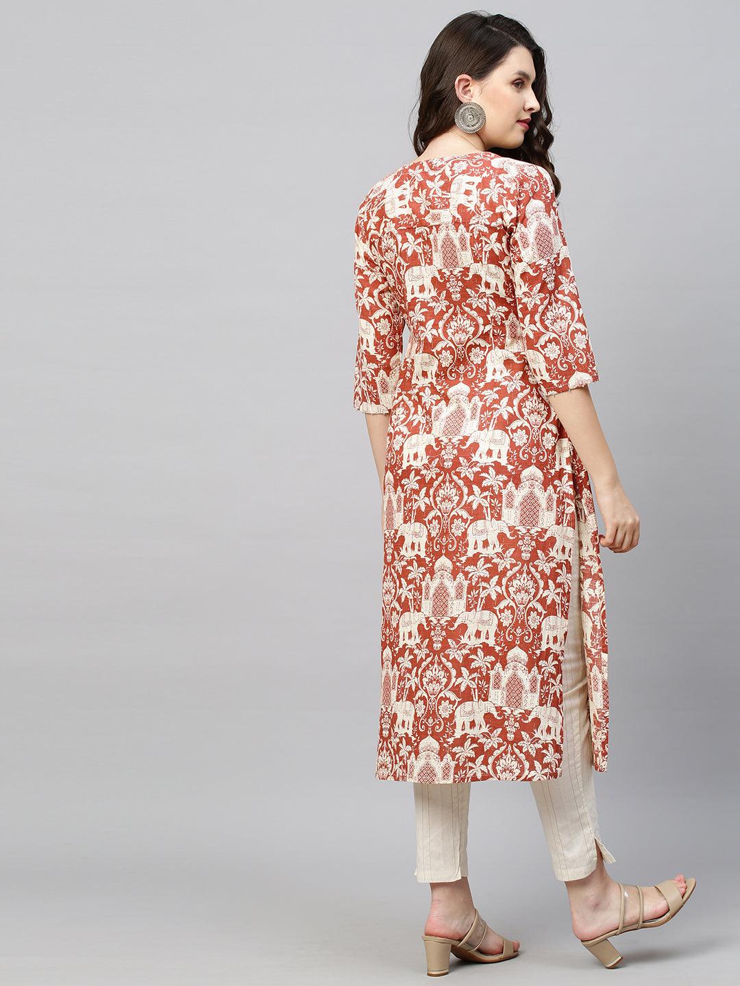 Ethnic Printed & Embroidered Straight Fit Kurta - Brick Red - Indiakreations