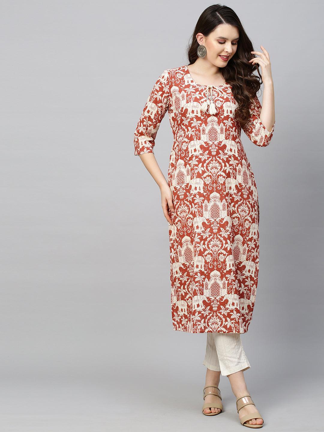 Ethnic Printed & Embroidered Straight Fit Kurta - Brick Red - Indiakreations