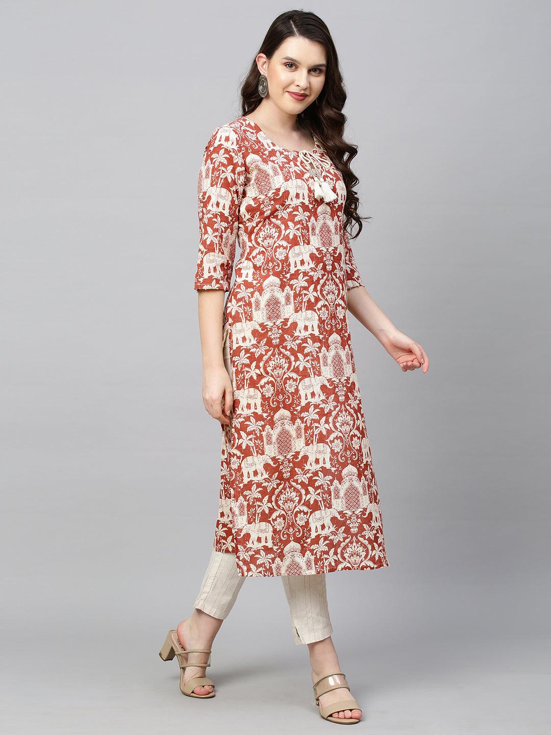 Ethnic Printed & Embroidered Straight Fit Kurta - Brick Red - Indiakreations