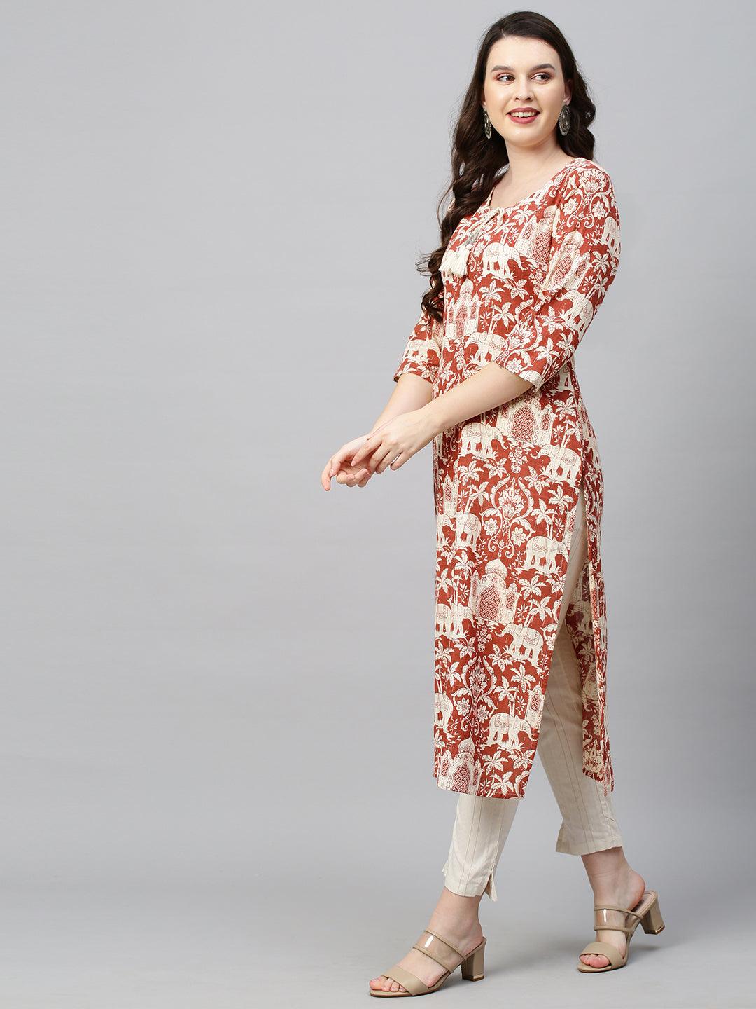 Ethnic Printed & Embroidered Straight Fit Kurta - Brick Red - Indiakreations