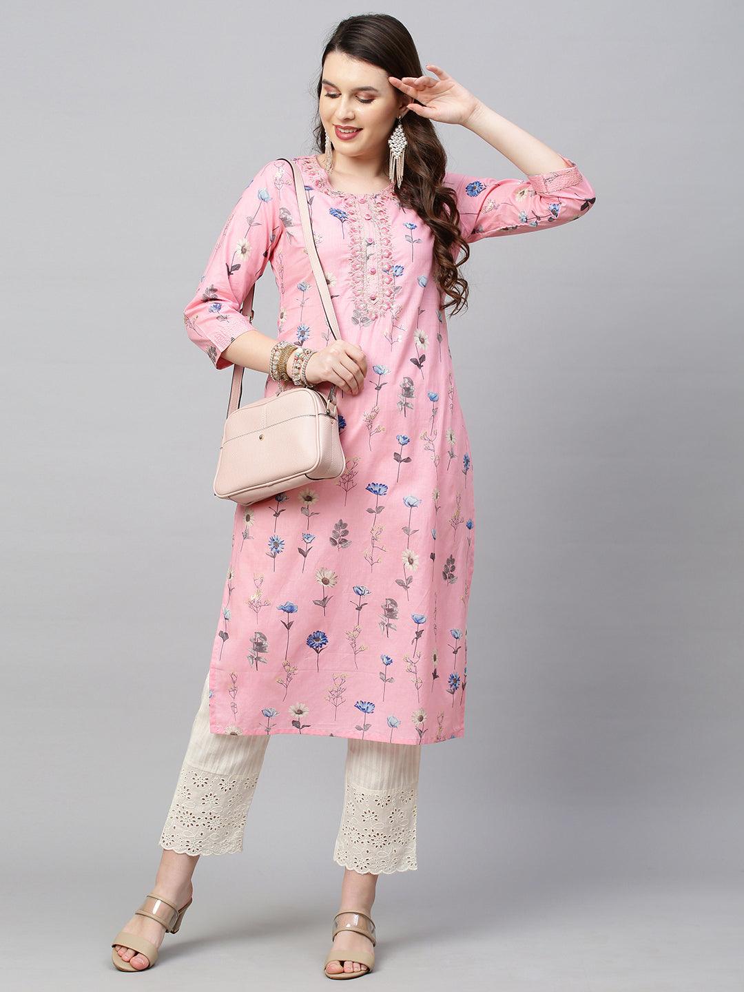 Floral Printed & Embroidered Straight Fit Kurta - Pink - Indiakreations