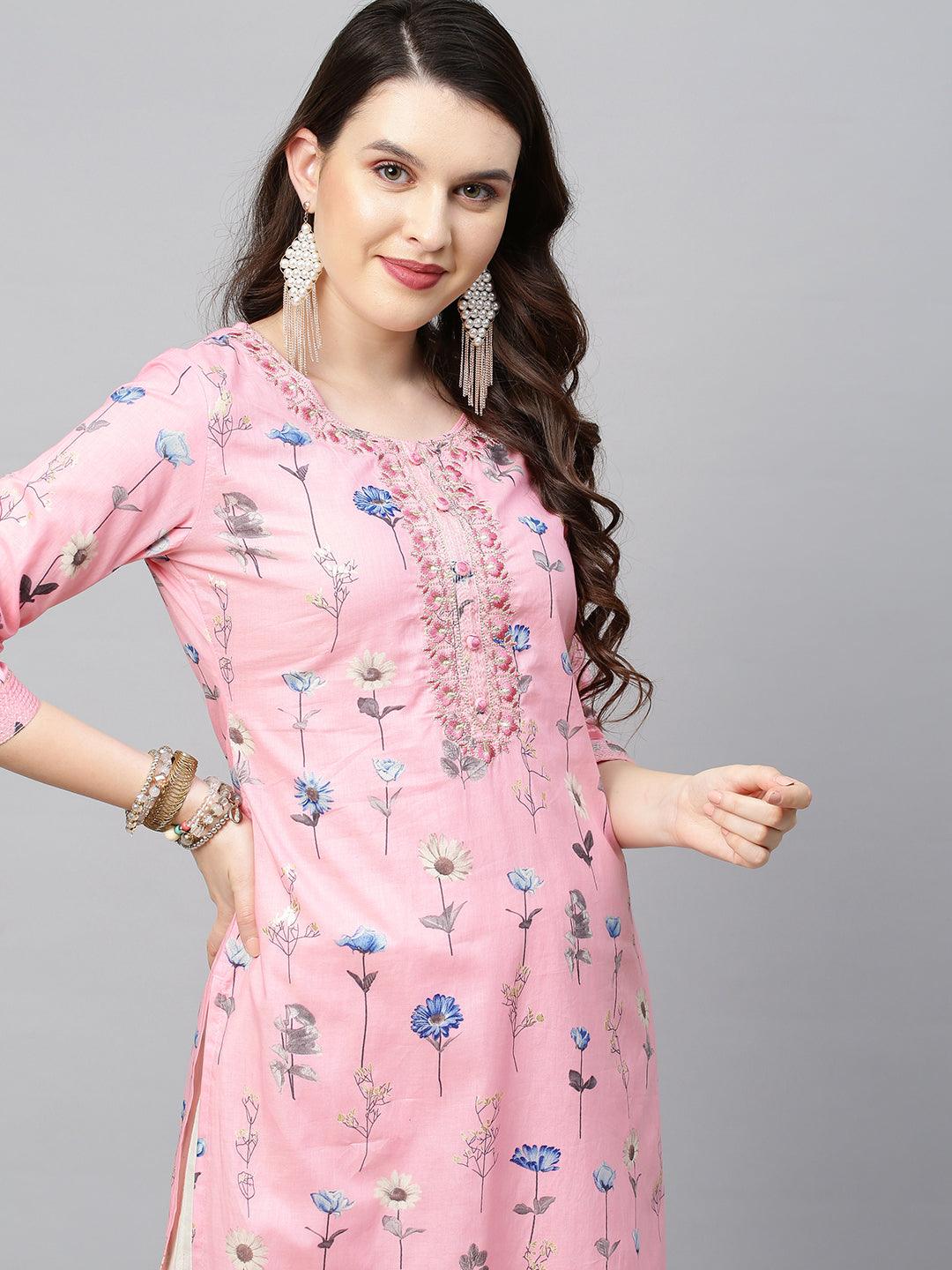 Floral Printed & Embroidered Straight Fit Kurta - Pink - Indiakreations