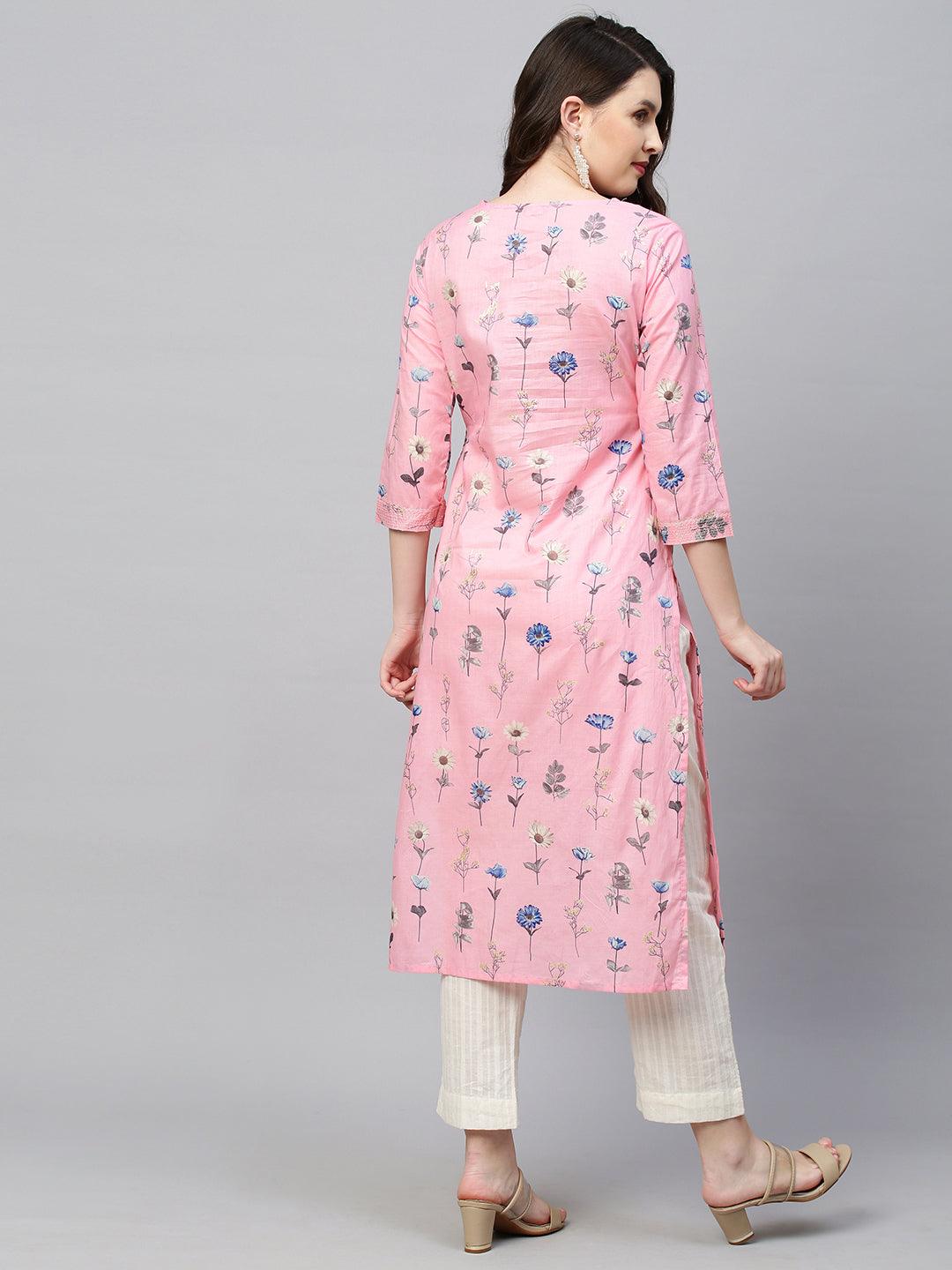 Floral Printed & Embroidered Straight Fit Kurta - Pink - Indiakreations