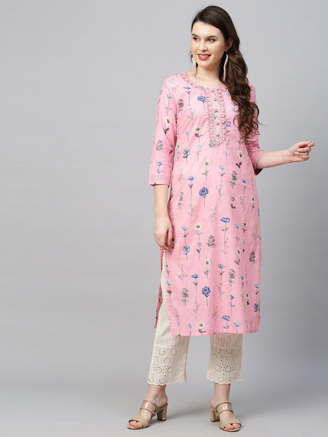 Floral Printed & Embroidered Straight Fit Kurta - Pink - Indiakreations