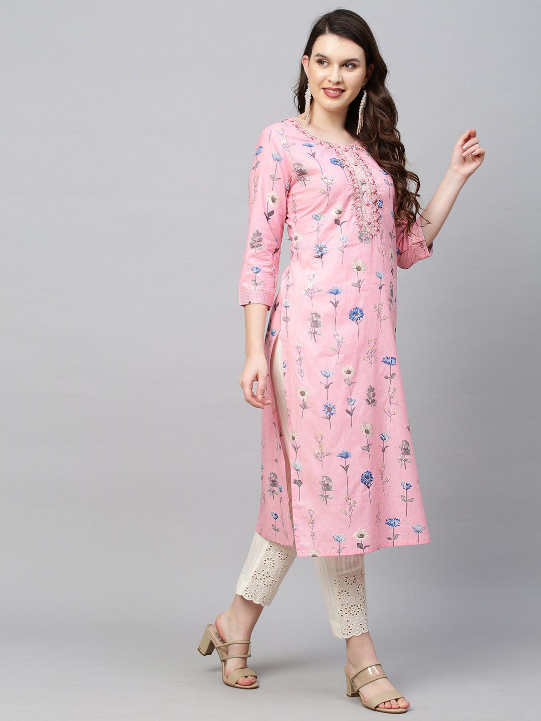 Floral Printed & Embroidered Straight Fit Kurta - Pink - Indiakreations