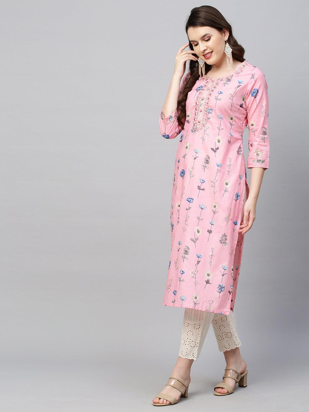 Floral Printed & Embroidered Straight Fit Kurta - Pink - Indiakreations