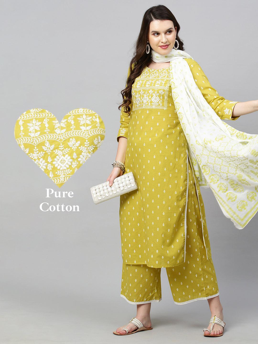 Ethnic Printed & Embroidered Kurta with Palazzo and Dupatta - Pear Green - Indiakreations