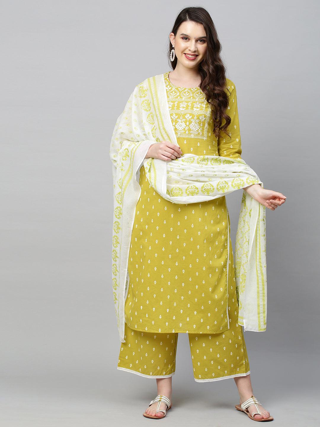 Ethnic Printed & Embroidered Kurta with Palazzo and Dupatta - Pear Green - Indiakreations