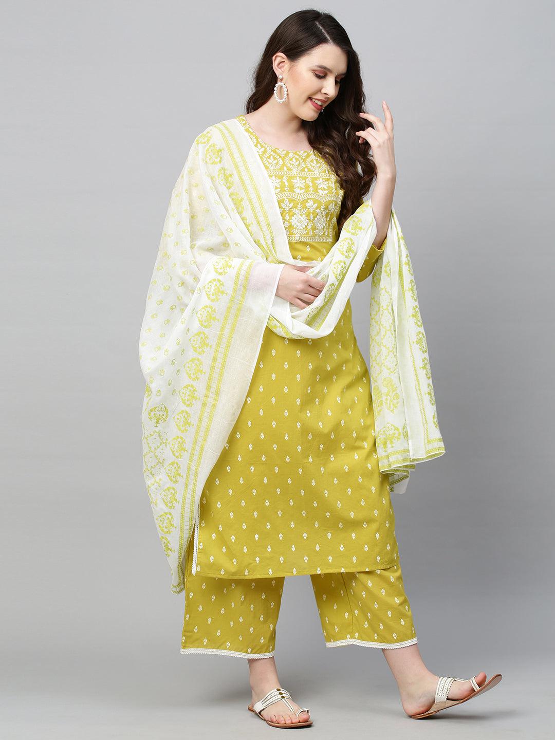 Ethnic Printed & Embroidered Kurta with Palazzo and Dupatta - Pear Green - Indiakreations