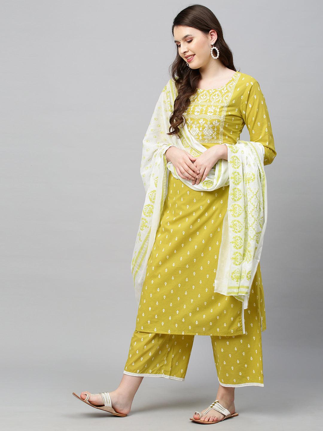 Ethnic Printed & Embroidered Kurta with Palazzo and Dupatta - Pear Green - Indiakreations