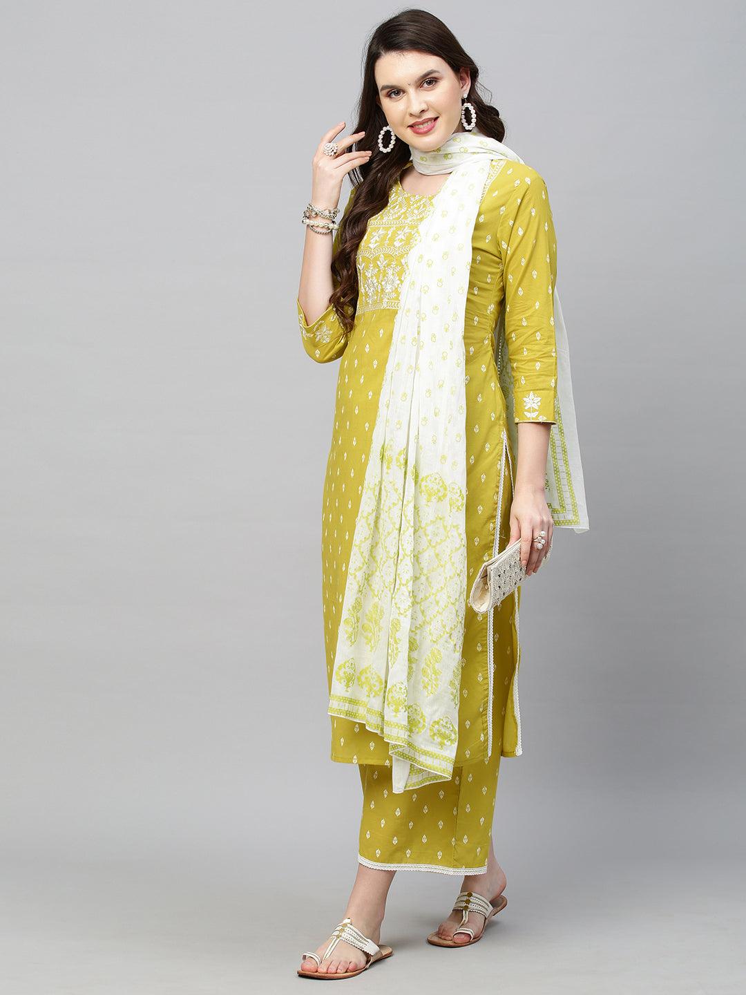 Ethnic Printed & Embroidered Kurta with Palazzo and Dupatta - Pear Green - Indiakreations