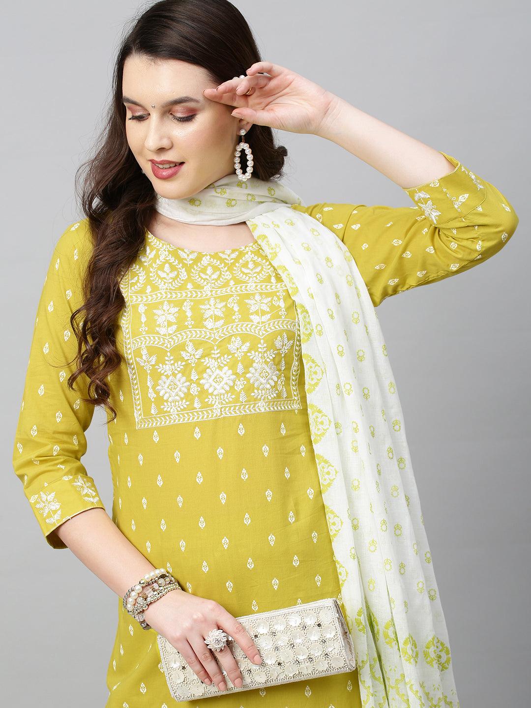 Ethnic Printed & Embroidered Kurta with Palazzo and Dupatta - Pear Green - Indiakreations