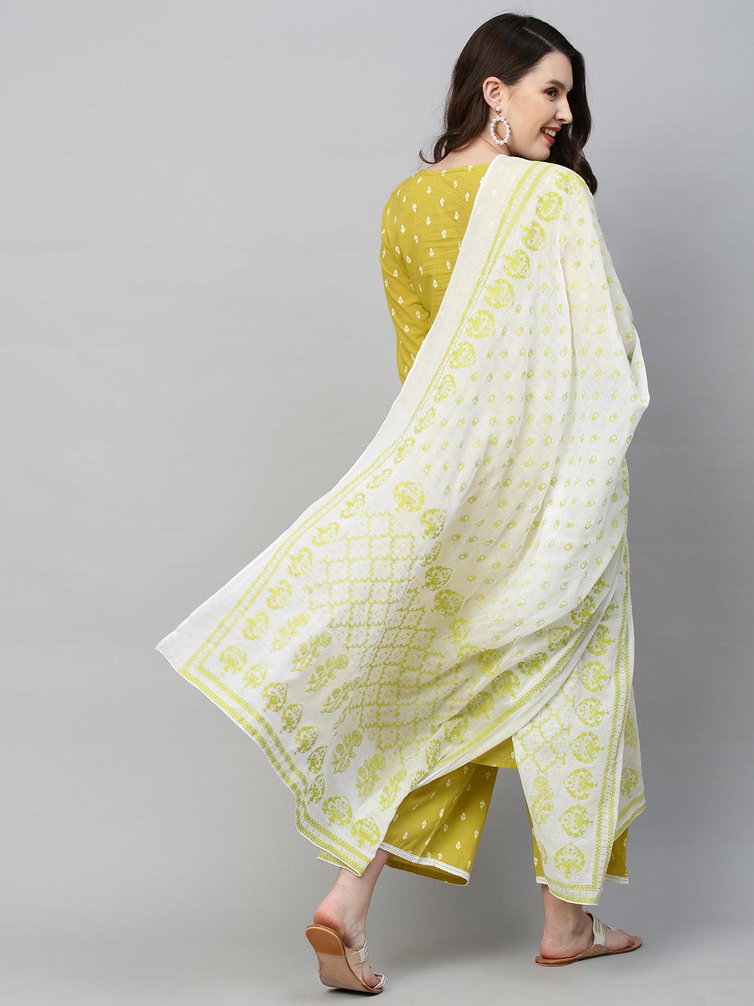 Ethnic Printed & Embroidered Kurta with Palazzo and Dupatta - Pear Green - Indiakreations