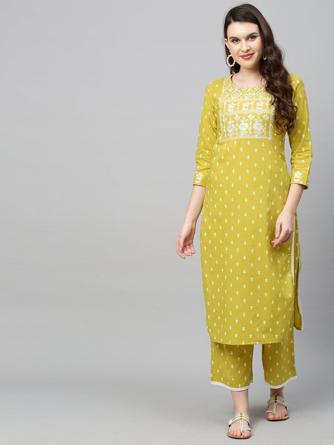 Ethnic Printed & Embroidered Kurta with Palazzo and Dupatta - Pear Green - Indiakreations