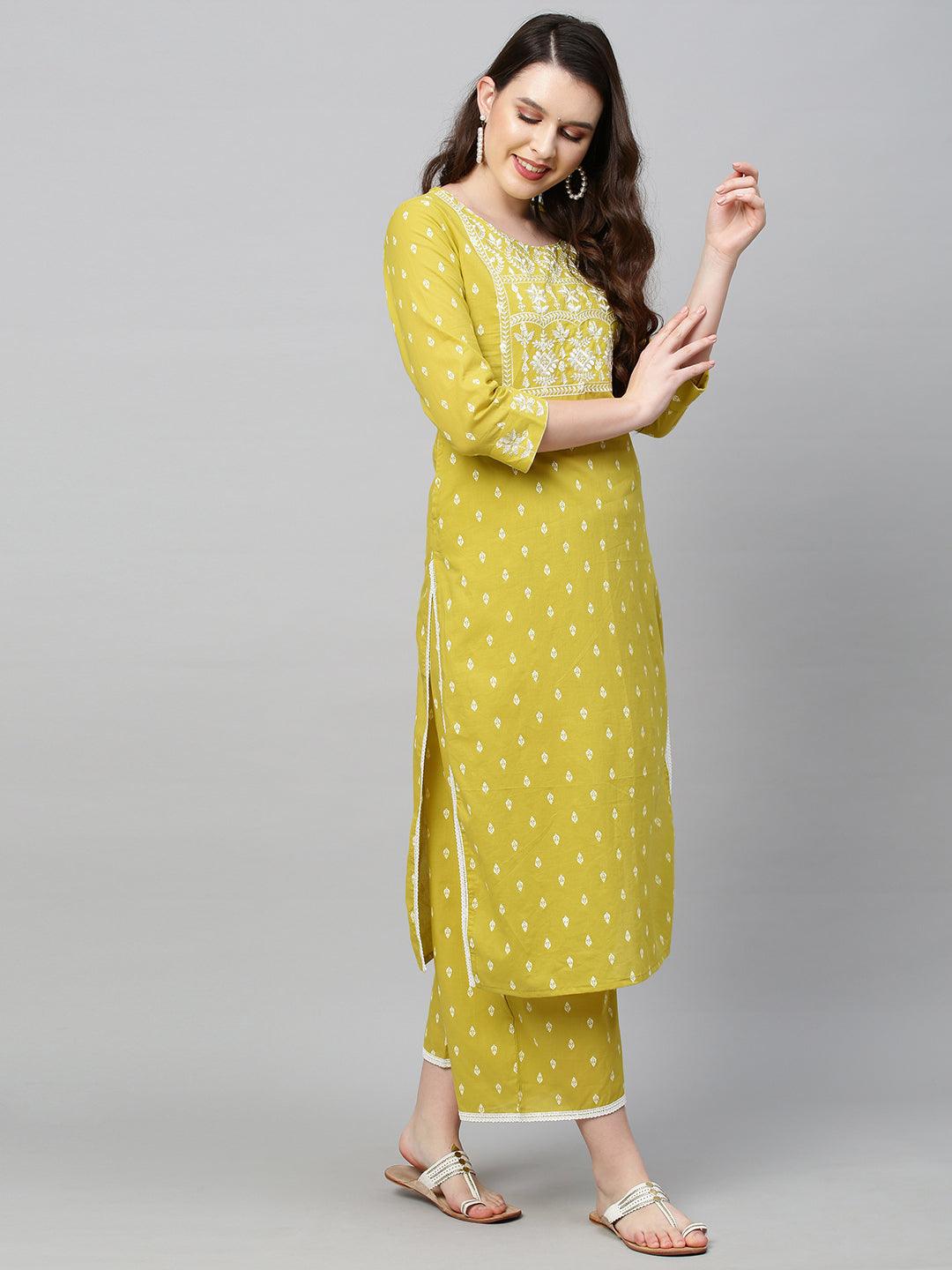 Ethnic Printed & Embroidered Kurta with Palazzo and Dupatta - Pear Green - Indiakreations