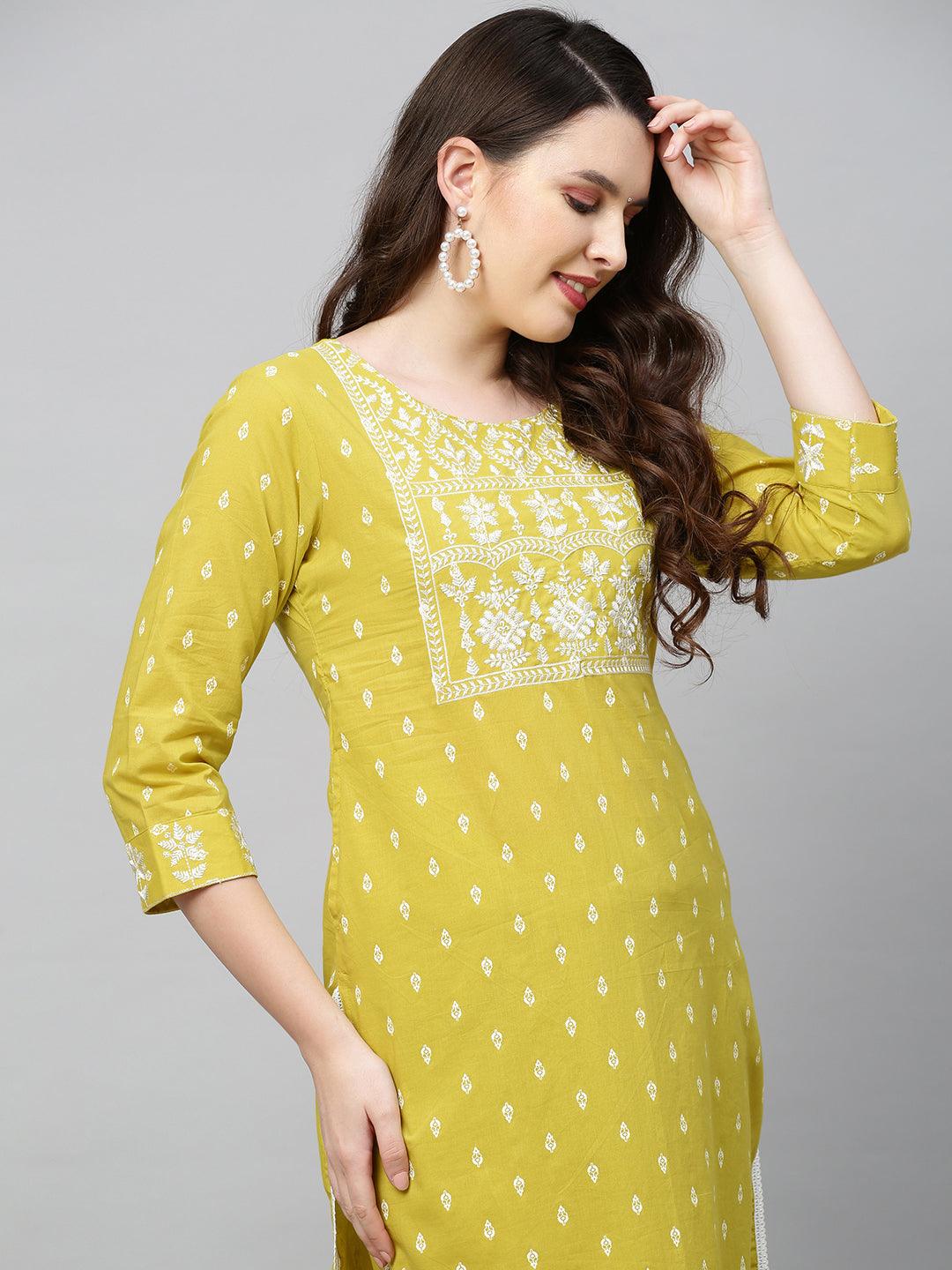 Ethnic Printed & Embroidered Kurta with Palazzo and Dupatta - Pear Green - Indiakreations