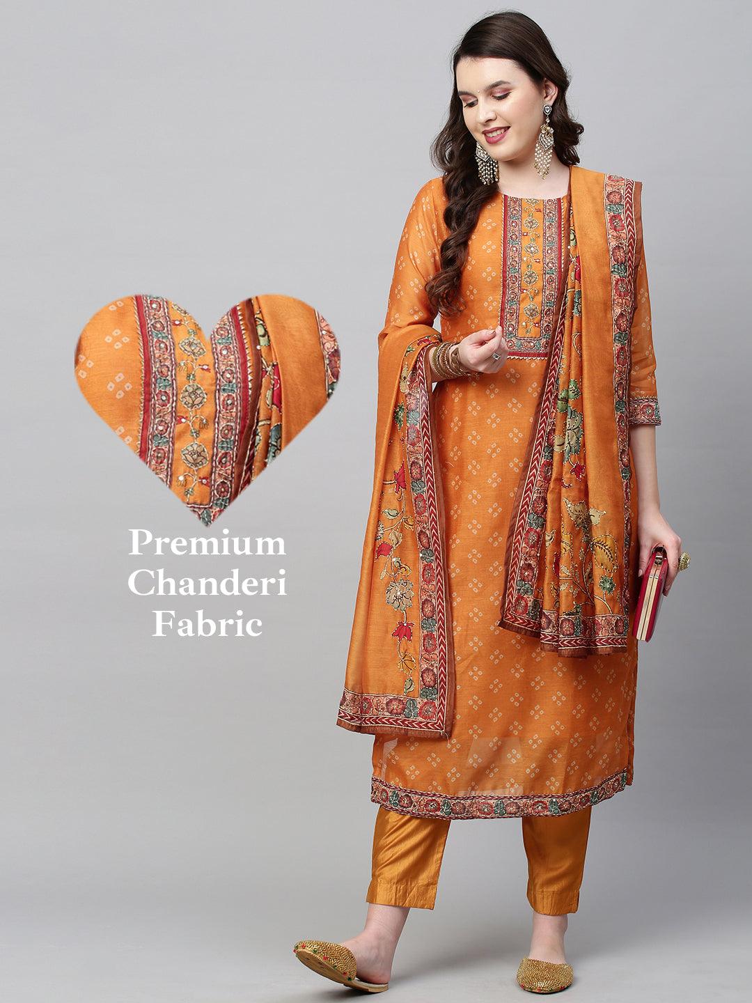 Bandhani Printed & Hand Embroidered Straight Kurta with Pants & Dupatta - Mustard - Indiakreations