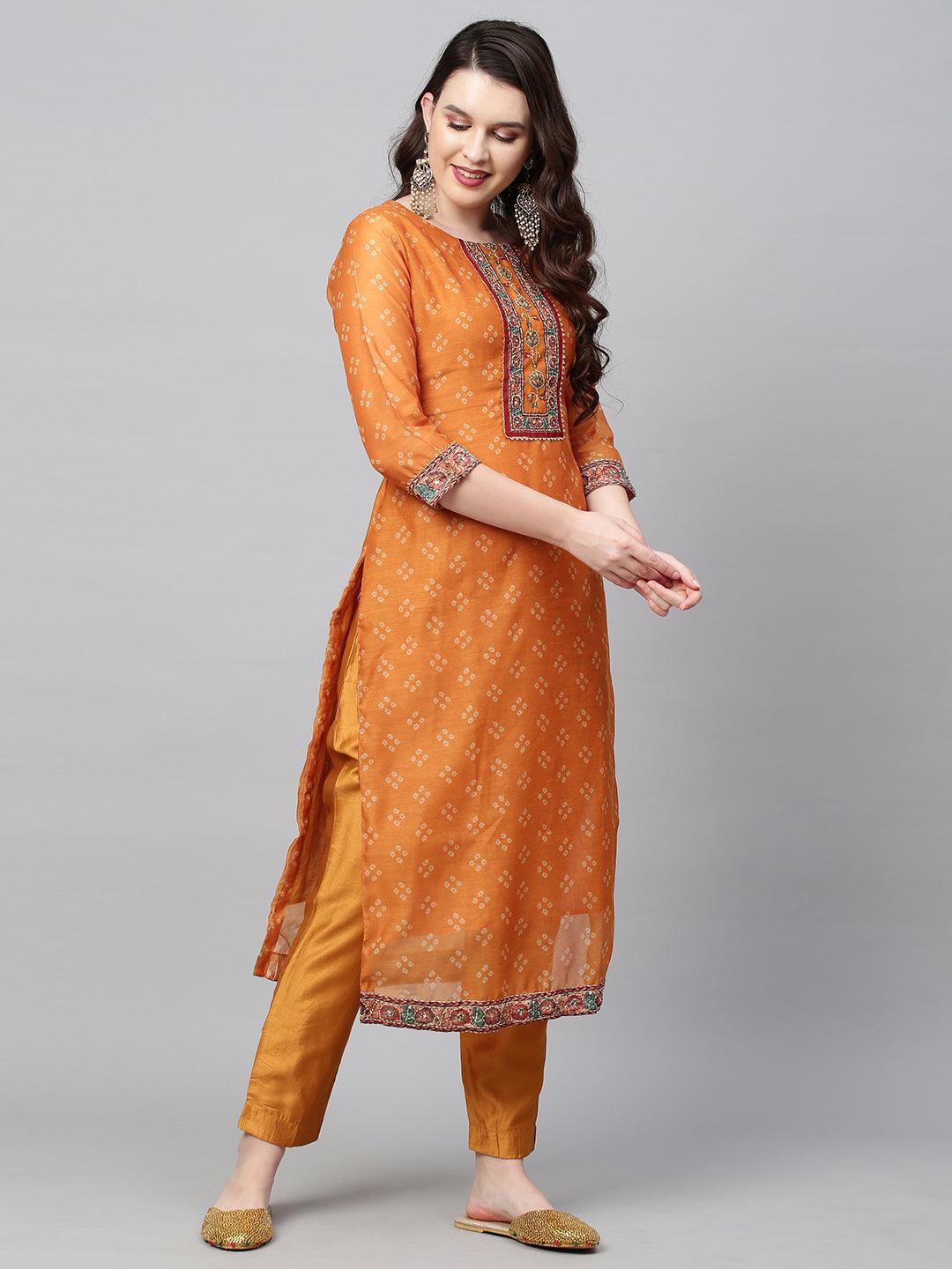 Bandhani Printed & Hand Embroidered Straight Kurta with Pants & Dupatta - Mustard - Indiakreations