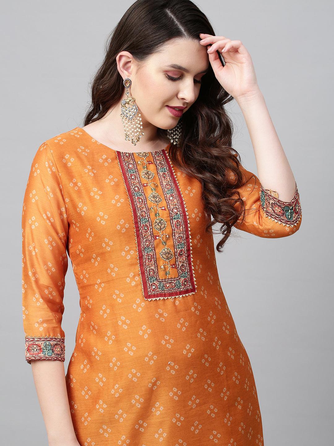 Bandhani Printed & Hand Embroidered Straight Kurta with Pants & Dupatta - Mustard - Indiakreations