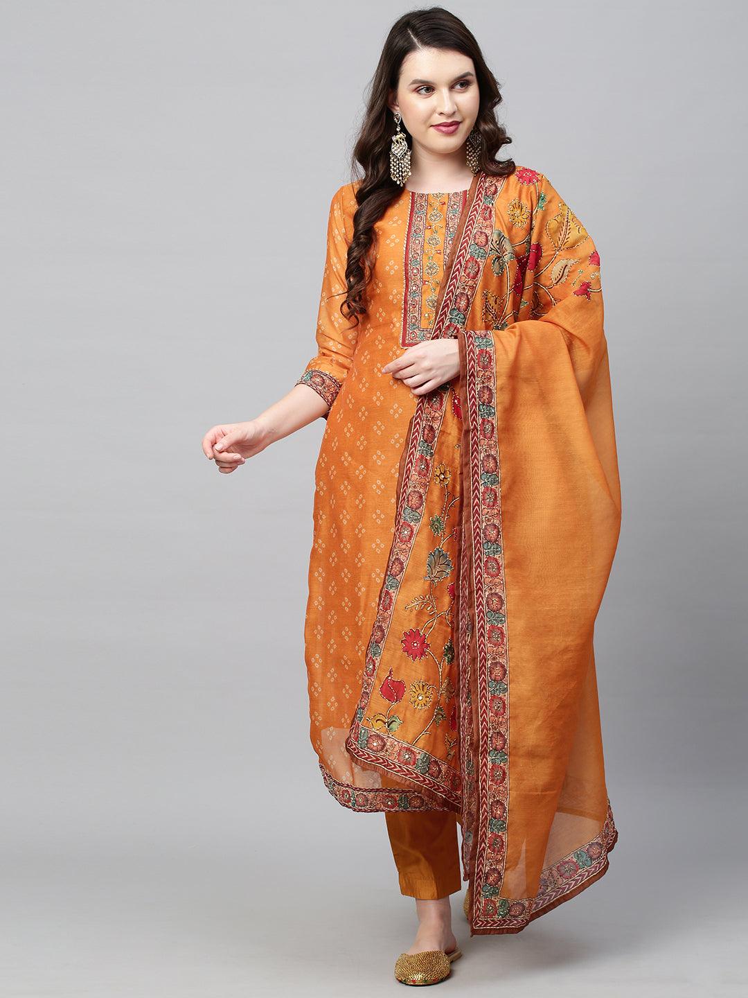 Bandhani Printed & Hand Embroidered Straight Kurta with Pants & Dupatta - Mustard - Indiakreations