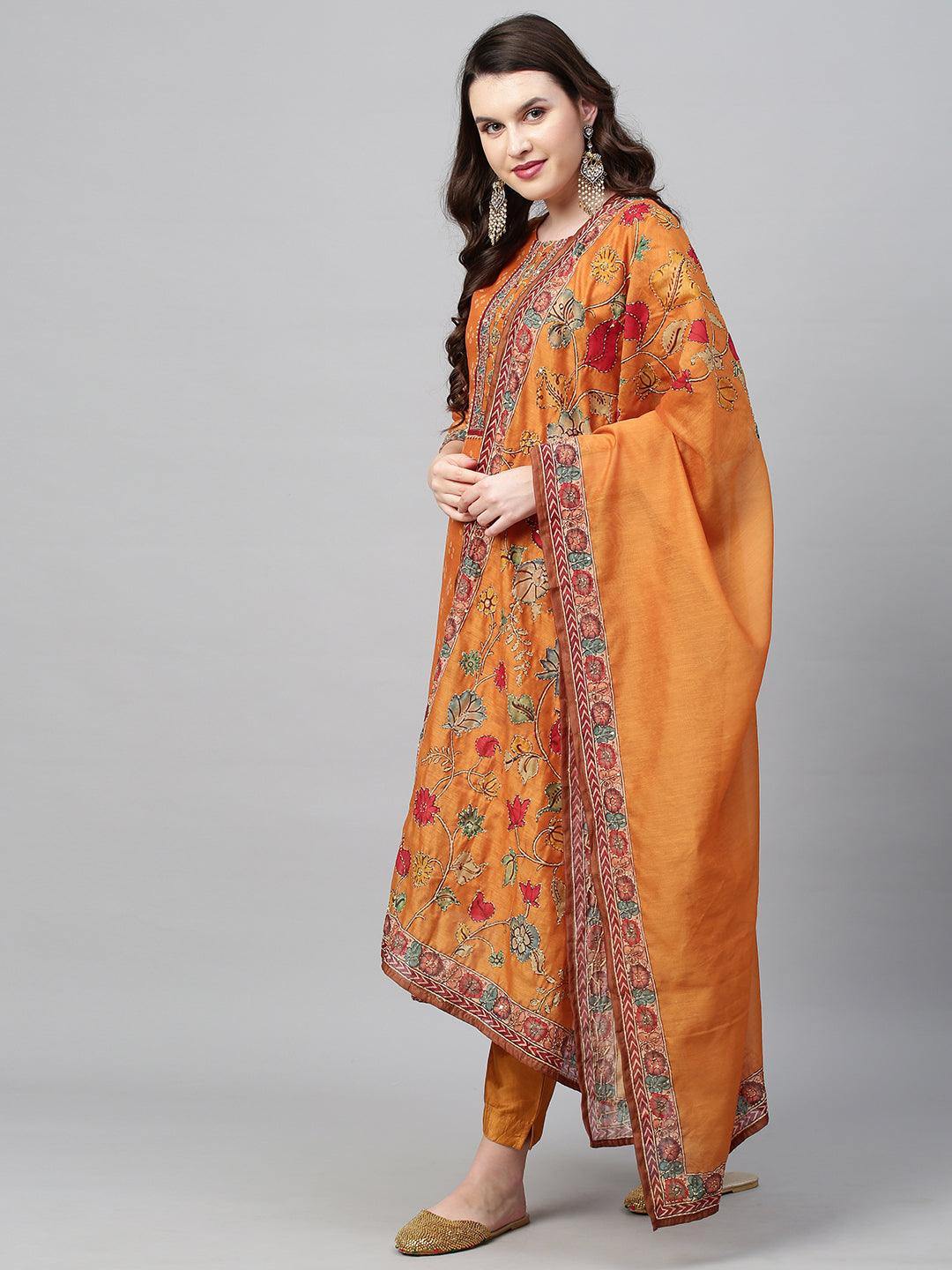 Bandhani Printed & Hand Embroidered Straight Kurta with Pants & Dupatta - Mustard - Indiakreations