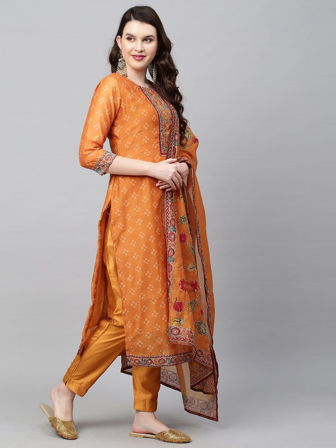 Bandhani Printed & Hand Embroidered Straight Kurta with Pants & Dupatta - Mustard - Indiakreations