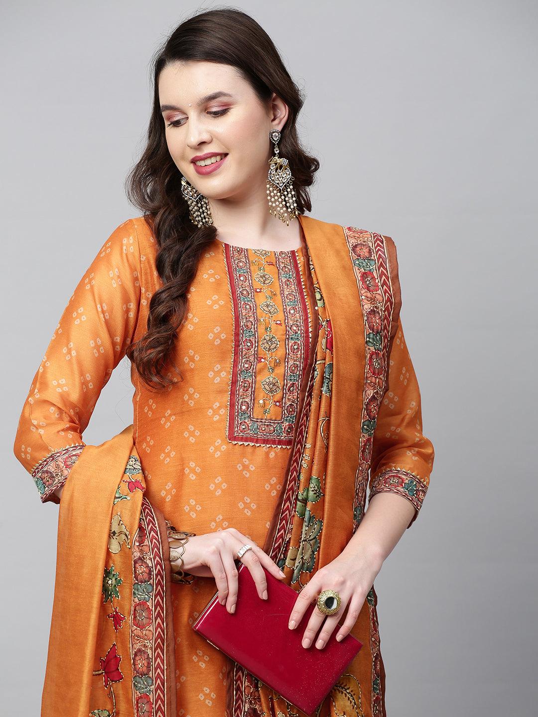 Bandhani Printed & Hand Embroidered Straight Kurta with Pants & Dupatta - Mustard - Indiakreations