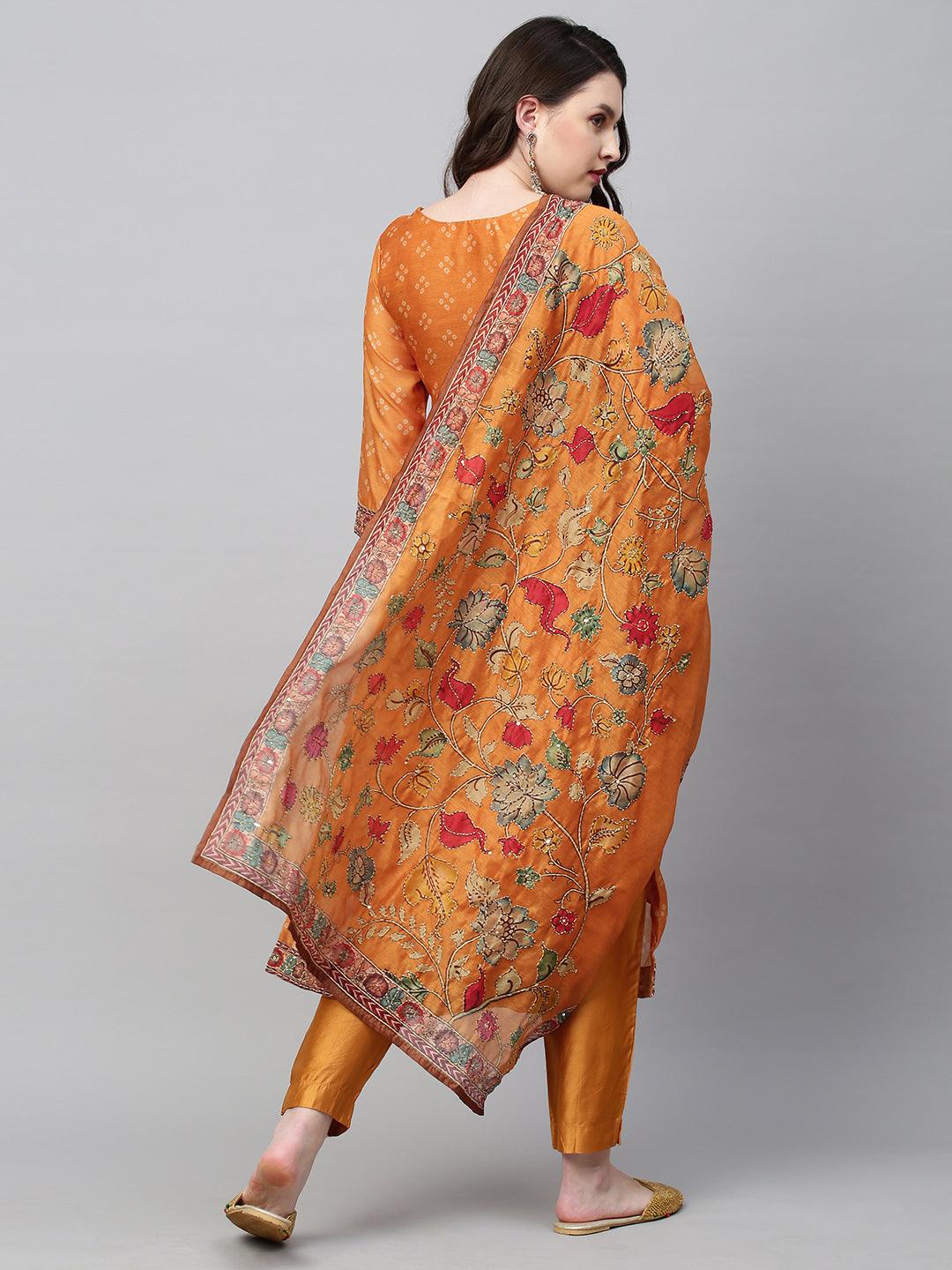 Bandhani Printed & Hand Embroidered Straight Kurta with Pants & Dupatta - Mustard - Indiakreations