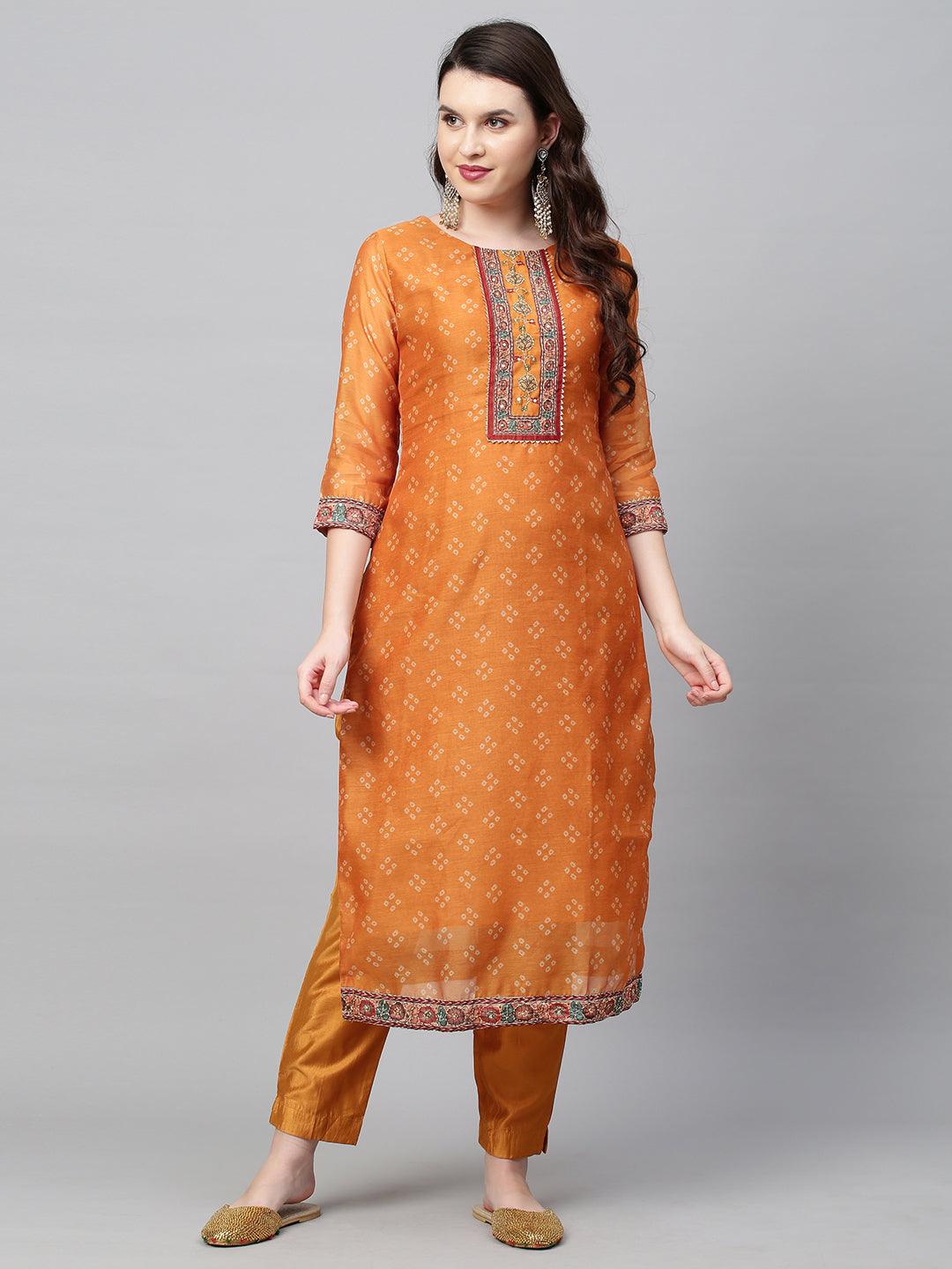 Bandhani Printed & Hand Embroidered Straight Kurta with Pants & Dupatta - Mustard - Indiakreations