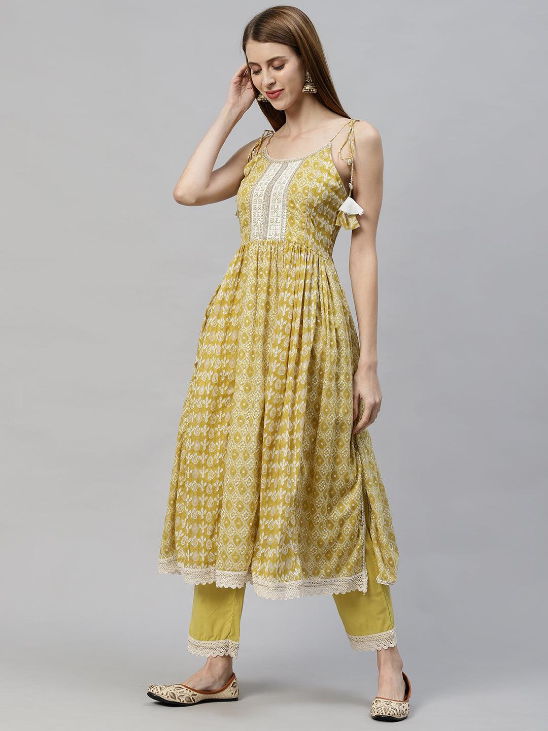 Bandhani Printed & Embroidered Kurta with Pants & Dupatta - Mustard Green - Indiakreations