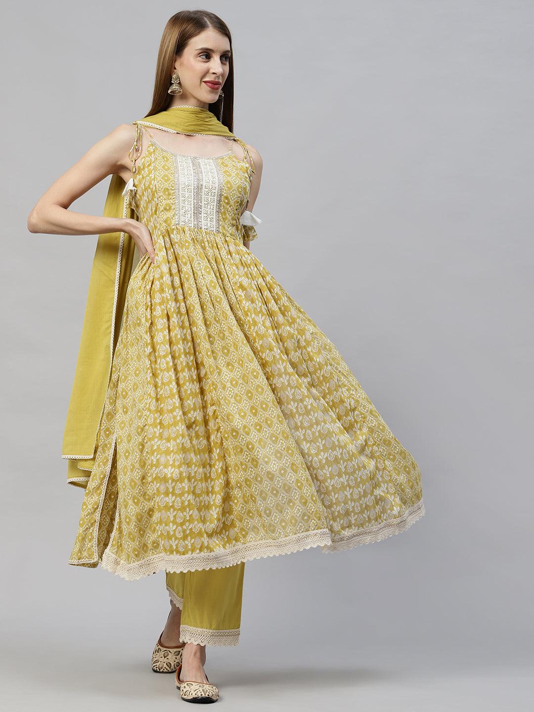 Bandhani Printed & Embroidered Kurta with Pants & Dupatta - Mustard Green - Indiakreations