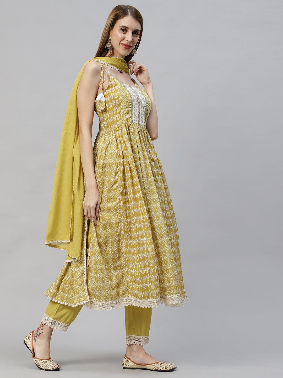 Bandhani Printed & Embroidered Kurta with Pants & Dupatta - Mustard Green - Indiakreations