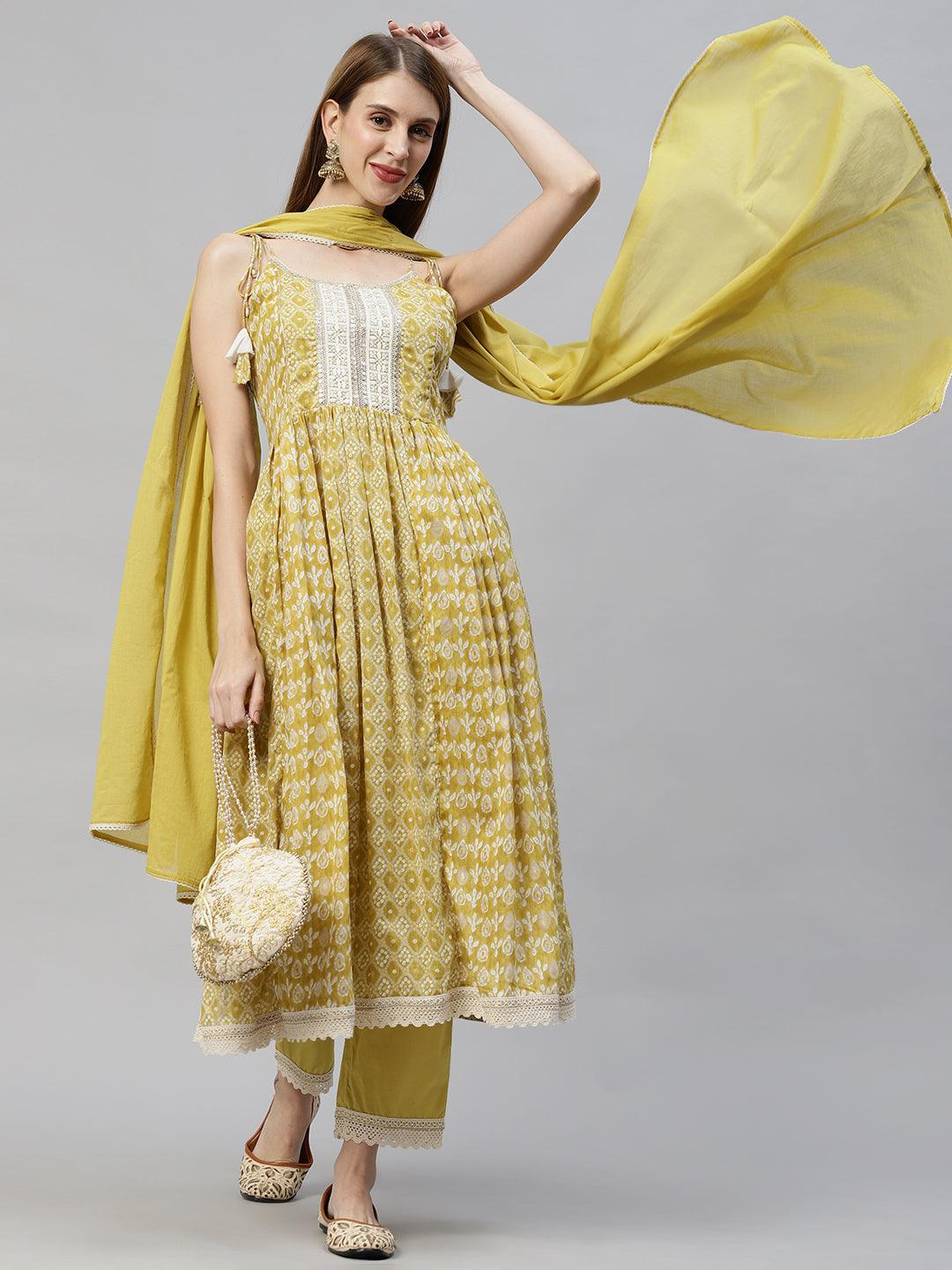 Bandhani Printed & Embroidered Kurta with Pants & Dupatta - Mustard Green - Indiakreations