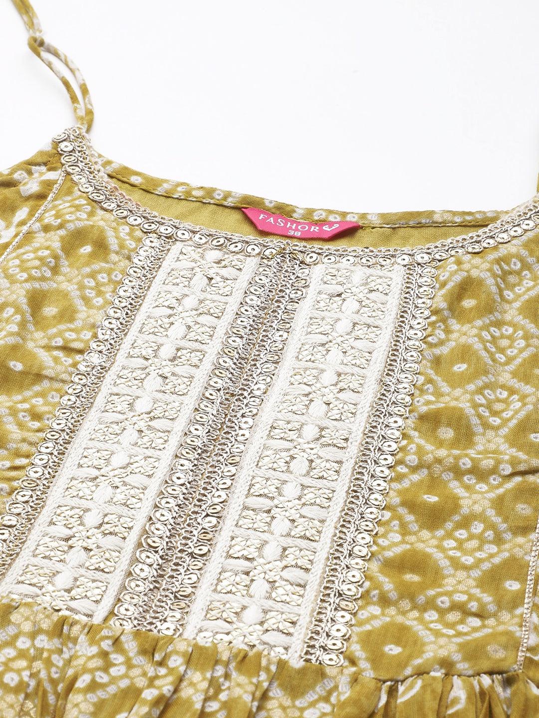 Bandhani Printed & Embroidered Kurta with Pants & Dupatta - Mustard Green - Indiakreations