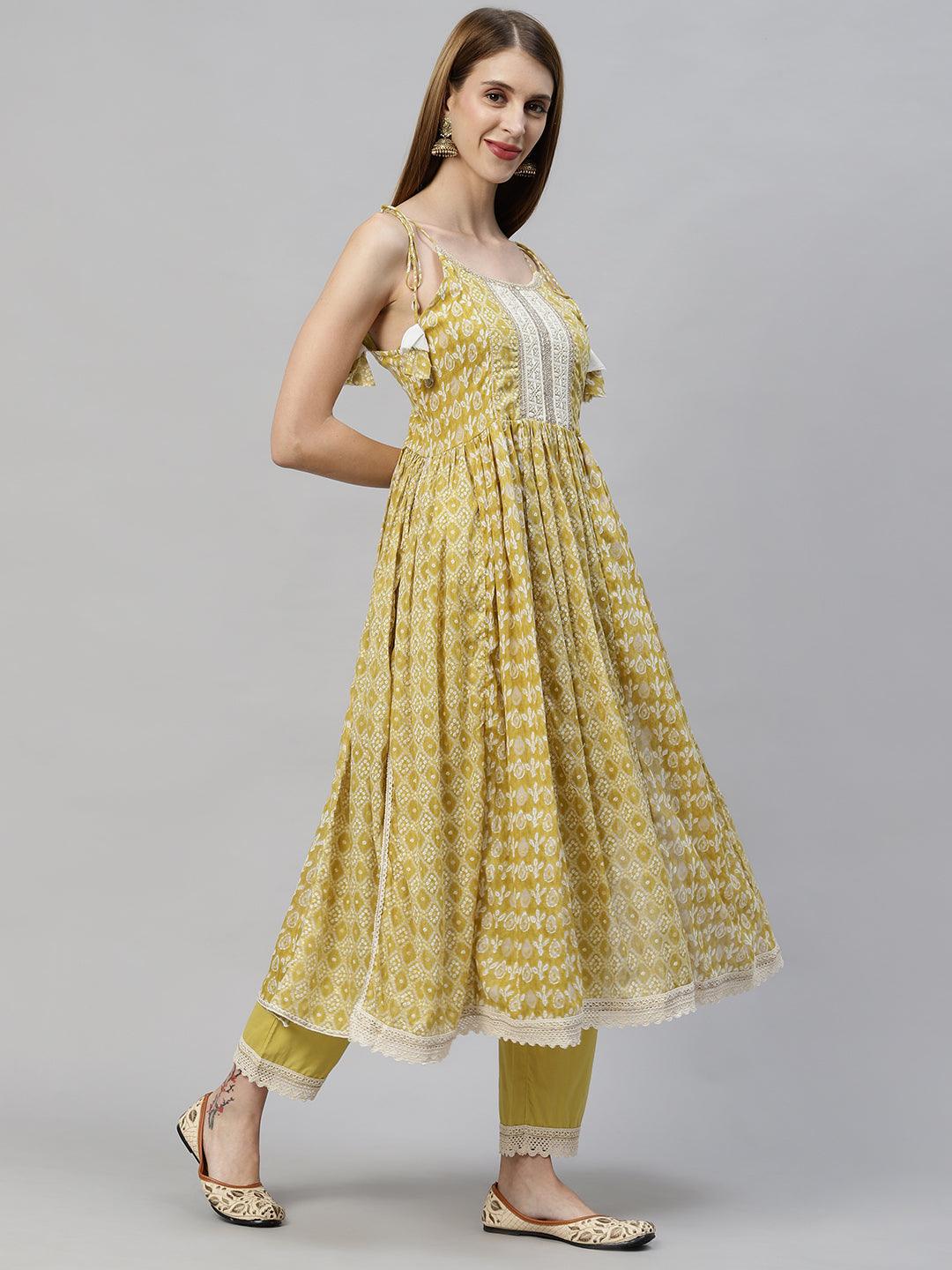 Bandhani Printed & Embroidered Kurta with Pants & Dupatta - Mustard Green - Indiakreations