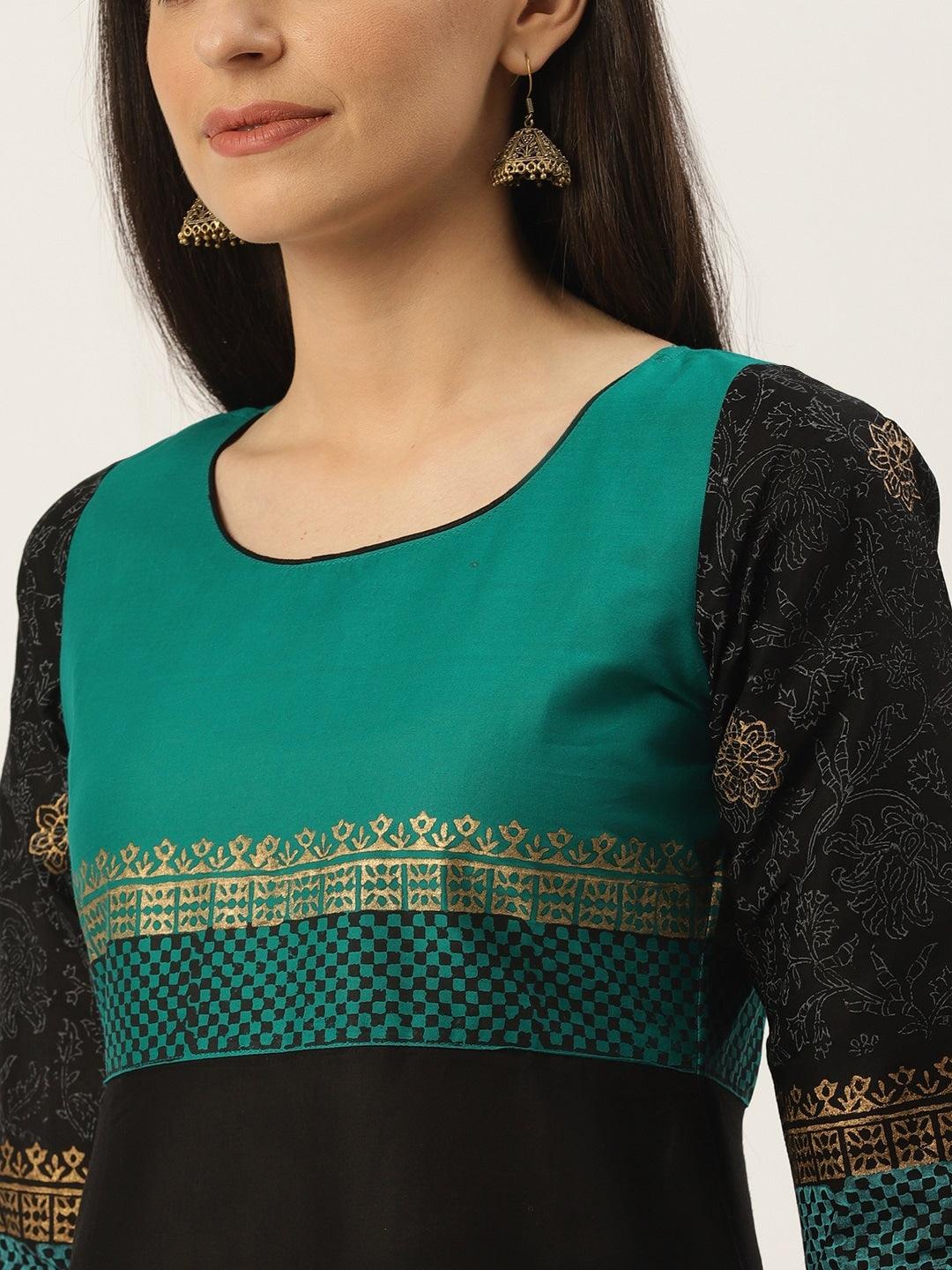 Women's Black & Green Block Print A-Line Kurta - Wahe-Noor - Indiakreations