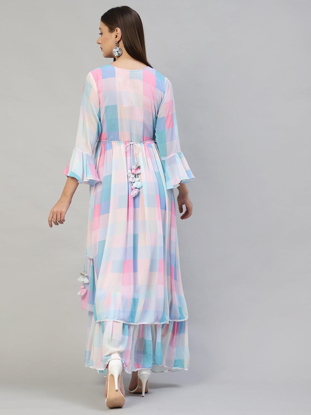 Floral Hand Embroidered & Printed Flared Maxi Dress with Belt - Multi - Indiakreations